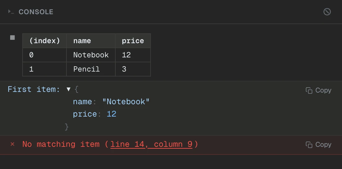 TryJS console with a table of prices, an inspectable object and an error linked to its source line.