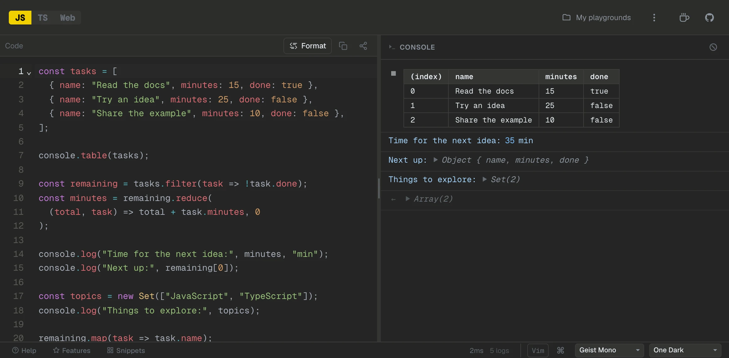 TryJS JavaScript playground with the editor, Format, sharing and console tools.